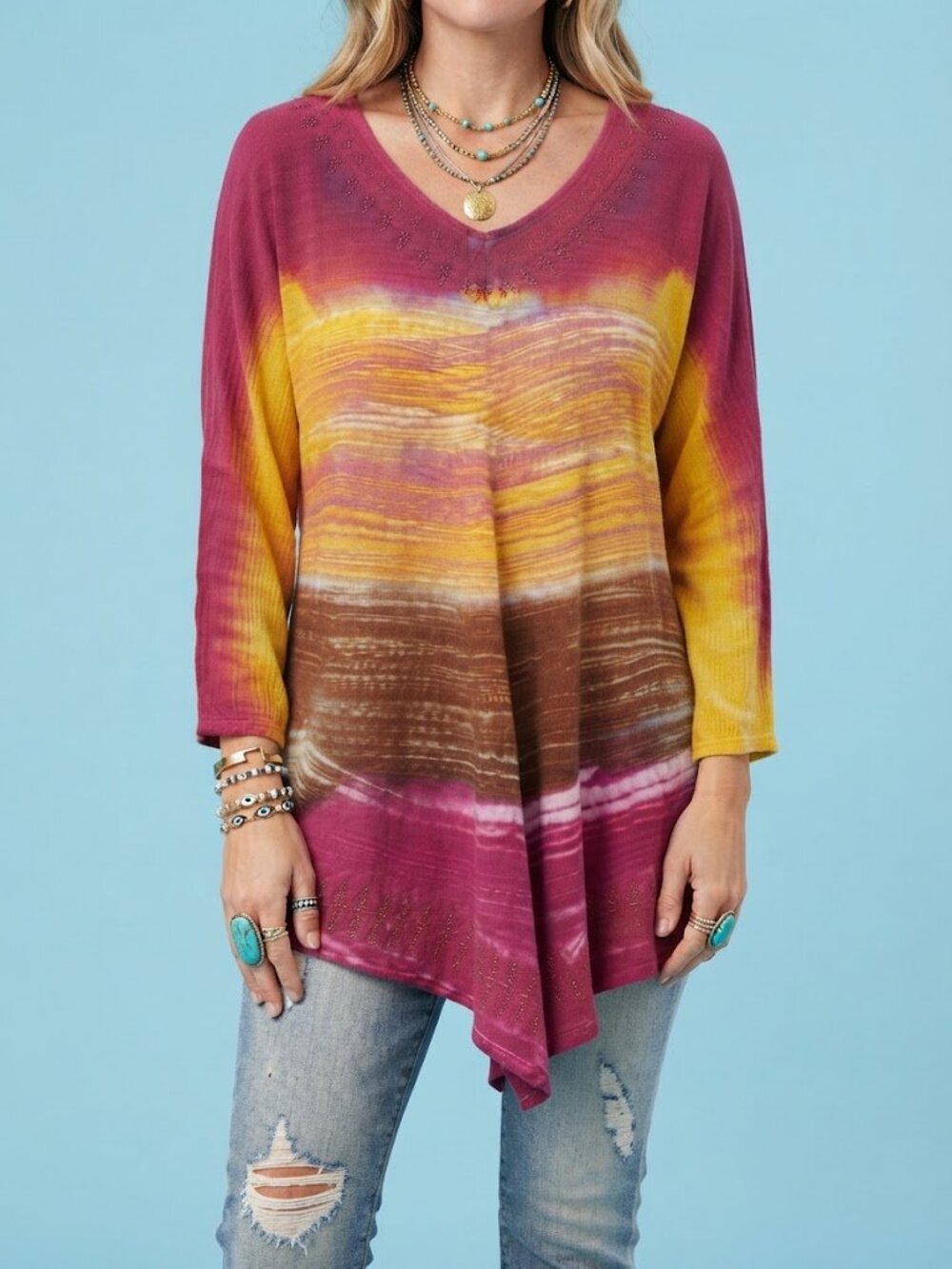Tie-Dye V-Neck Long Sleeve Top